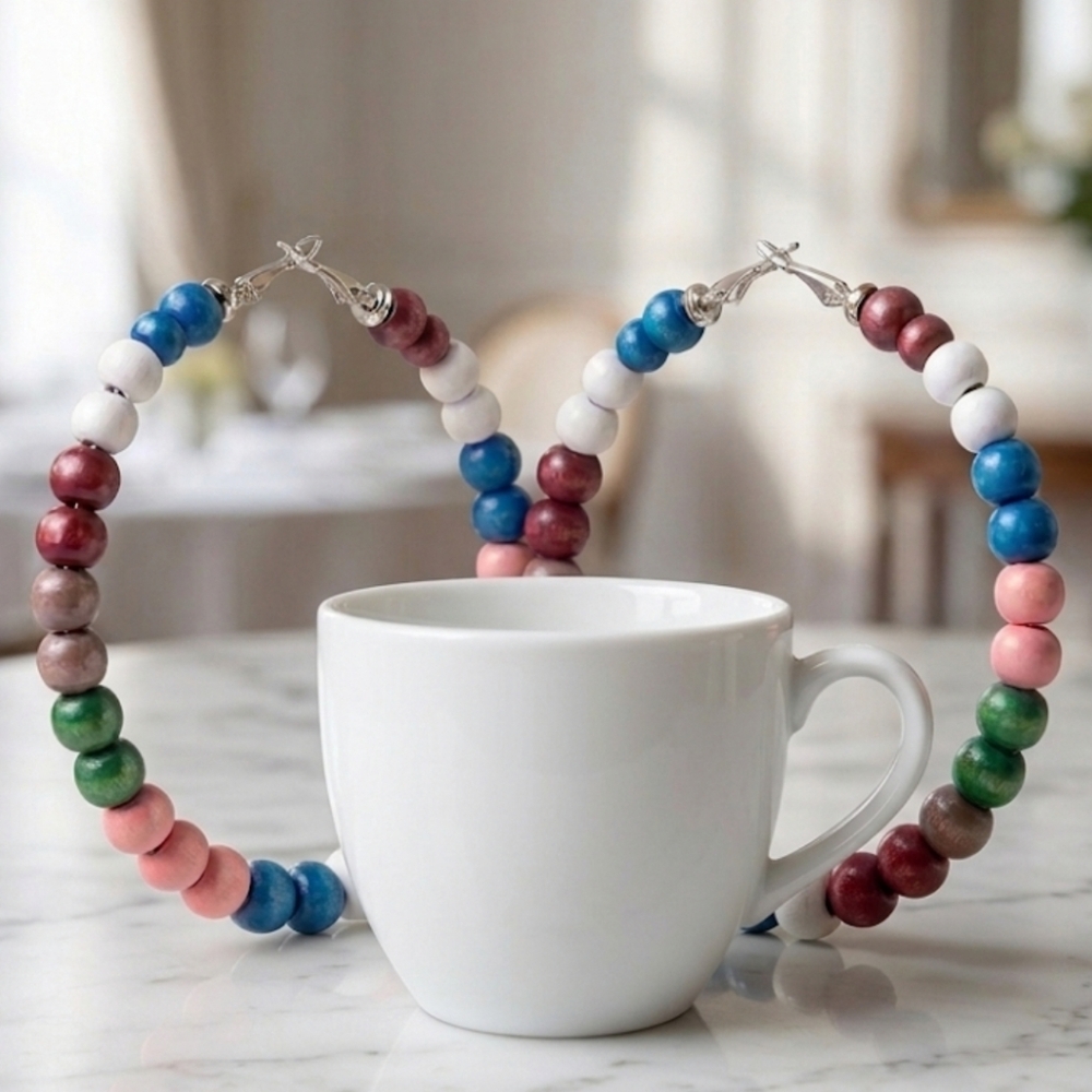 Extra-large earrings with wooden beads, super lightweight and easy to wear. 8 cm - Picture 7 of 12